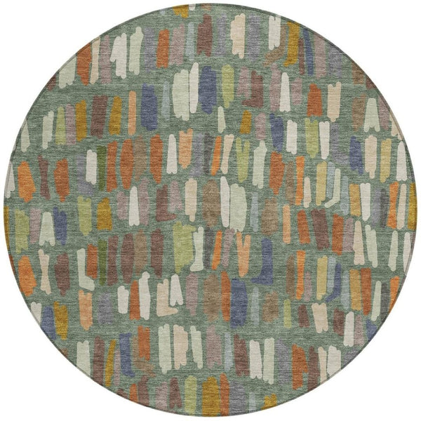 HomeRoots 8' Striped Artichoke Green, Copper & Ivory Round Washable Area Rug for Indoor & Outdoor Use 689615