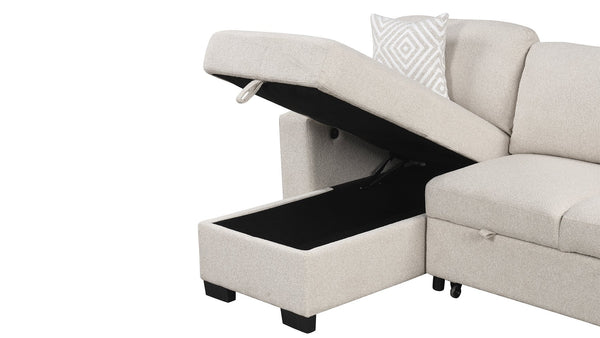 English Elm Pinto Reversible Sectional Sofa with Sleeper, Storage Chaise, Drop-Down Tray, USB Ports, Shelves Beige B009S01472