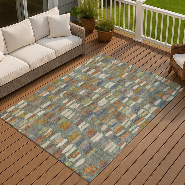 HomeRoots 10' X 14' Artichoke Green Striped Washable Area Rug for Indoor & Outdoor Spaces - Durable & Stylish! 689618