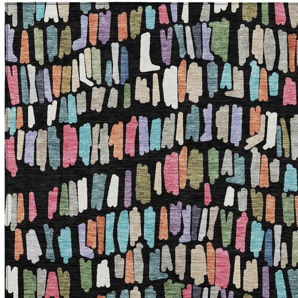 HomeRoots 5' X 8' Modern Black Pink Green Striped Area Rug – Durable, Washable, Indoor Outdoor Accent Piece 689620