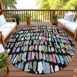 HomeRoots 8' Striped Area Rug in Black, Pink & Green - Durable, Washable, Perfect for Indoor/Outdoor Use! 689621
