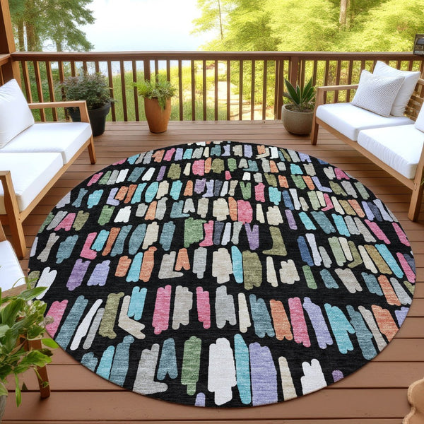 HomeRoots 8' Striped Area Rug in Black, Pink & Green - Durable, Washable, Perfect for Indoor/Outdoor Use! 689621