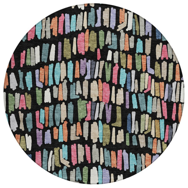 HomeRoots 8' Striped Area Rug in Black, Pink & Green - Durable, Washable, Perfect for Indoor/Outdoor Use! 689621