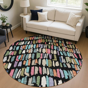 HomeRoots 8' Striped Area Rug in Black, Pink & Green - Durable, Washable, Perfect for Indoor/Outdoor Use! 689621
