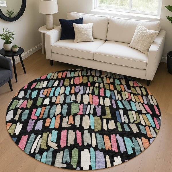 HomeRoots 8' Striped Area Rug in Black, Pink & Green - Durable, Washable, Perfect for Indoor/Outdoor Use! 689621