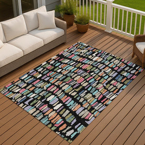 HomeRoots 9' X 12' Striped Washable Area Rug in Black, Pink & Green - Perfect for Indoor & Outdoor Spaces! 689623