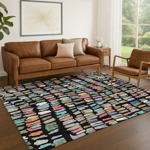 HomeRoots 9' X 12' Striped Washable Area Rug in Black, Pink & Green - Perfect for Indoor & Outdoor Spaces! 689623