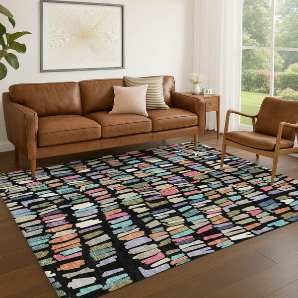 HomeRoots 9' X 12' Striped Washable Area Rug in Black, Pink & Green - Perfect for Indoor & Outdoor Spaces! 689623