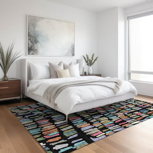 HomeRoots 9' X 12' Striped Washable Area Rug in Black, Pink & Green - Perfect for Indoor & Outdoor Spaces! 689623