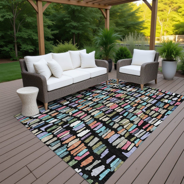 HomeRoots 9' X 12' Striped Washable Area Rug in Black, Pink & Green - Perfect for Indoor & Outdoor Spaces! 689623