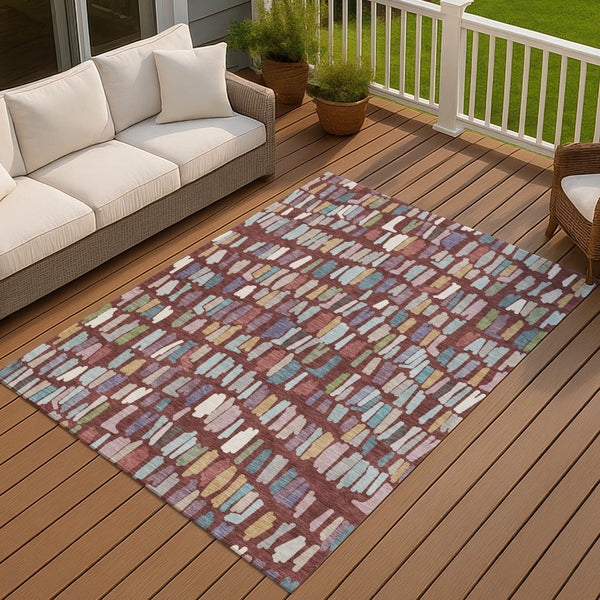 HomeRoots 5' X 8' Washable Burgundy Teal Blue & Green Striped Area Rug - Durable, Stain-Resistant for Indoor/Outdoor Use 689626