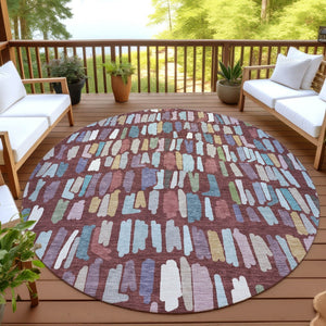 HomeRoots 8' Vibrant Burgundy Teal Blue Green Round Striped Washable Area Rug for Indoor Outdoor Spaces 689627