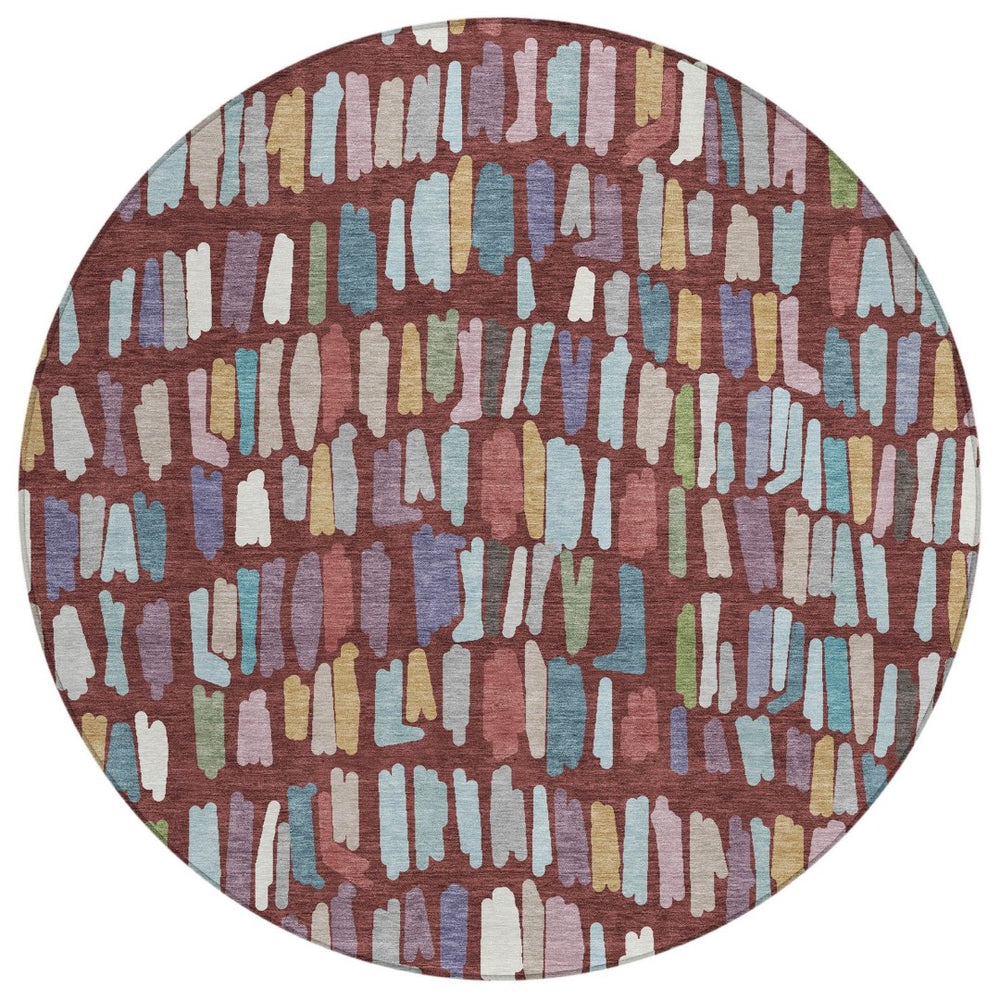 HomeRoots 8' Vibrant Burgundy Teal Blue Green Round Striped Washable Area Rug for Indoor Outdoor Spaces 689627