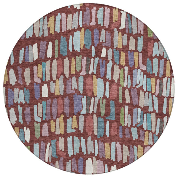 HomeRoots 8' Vibrant Burgundy Teal Blue Green Round Striped Washable Area Rug for Indoor Outdoor Spaces 689627
