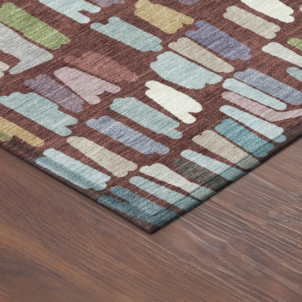 HomeRoots 8' Vibrant Burgundy Teal Blue Green Round Striped Washable Area Rug for Indoor Outdoor Spaces 689627