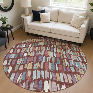 HomeRoots 8' Vibrant Burgundy Teal Blue Green Round Striped Washable Area Rug for Indoor Outdoor Spaces 689627