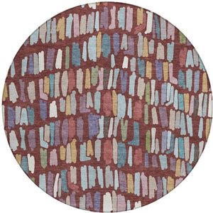 HomeRoots 8' Vibrant Burgundy Teal Blue Green Round Striped Washable Area Rug for Indoor Outdoor Spaces 689627