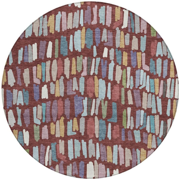 HomeRoots 8' Vibrant Burgundy Teal Blue Green Round Striped Washable Area Rug for Indoor Outdoor Spaces 689627