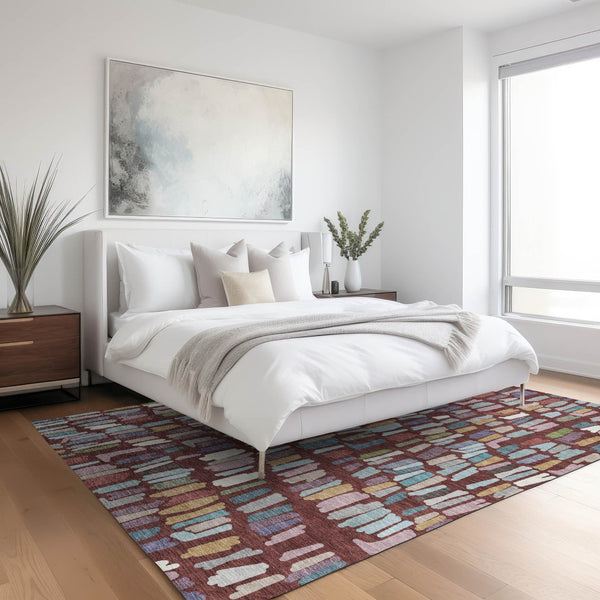 HomeRoots 9' Striped Burgundy Teal Blue Green Area Rug - Washable, Durable, Perfect for Indoor & Outdoor Use! 689629