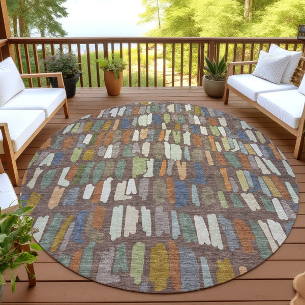 HomeRoots 8' Stylish Chocolate, Green & Blue Round Striped Rug - Washable, Durable, Ideal for Indoor/Outdoor Use 689633
