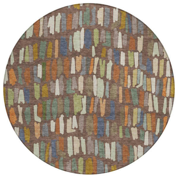 HomeRoots 8' Stylish Chocolate, Green & Blue Round Striped Rug - Washable, Durable, Ideal for Indoor/Outdoor Use 689633