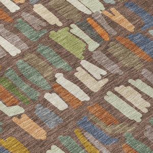 HomeRoots 8' Stylish Chocolate, Green & Blue Round Striped Rug - Washable, Durable, Ideal for Indoor/Outdoor Use 689633