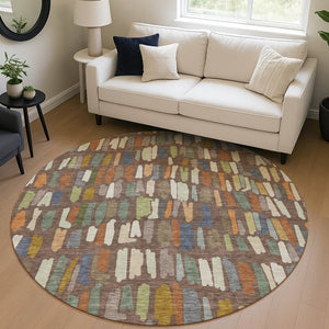 HomeRoots 8' Stylish Chocolate, Green & Blue Round Striped Rug - Washable, Durable, Ideal for Indoor/Outdoor Use 689633