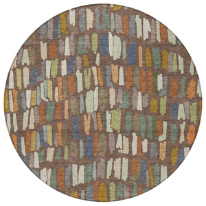 HomeRoots 8' Stylish Chocolate, Green & Blue Round Striped Rug - Washable, Durable, Ideal for Indoor/Outdoor Use 689633