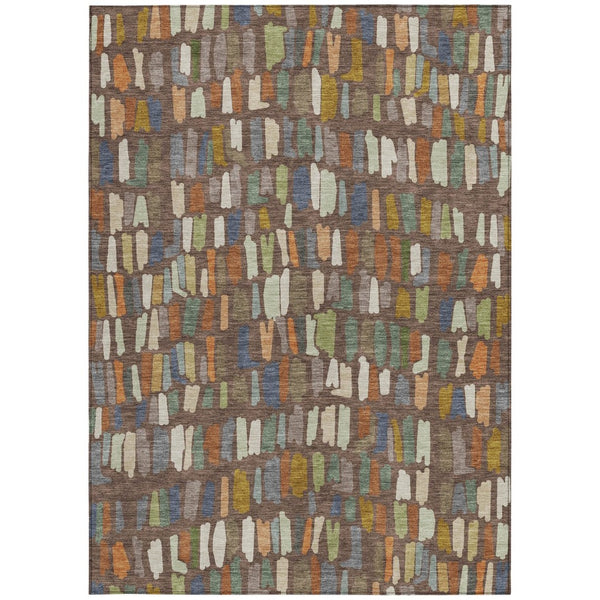 HomeRoots 9' X 12' Striped Area Rug in Chocolate, Green & Blue - Washable, Durable for Indoor & Outdoor Use 689635