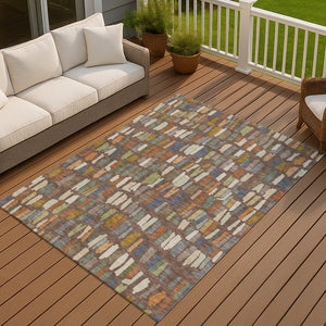 HomeRoots 9' X 12' Striped Area Rug in Chocolate, Green & Blue - Washable, Durable for Indoor & Outdoor Use 689635