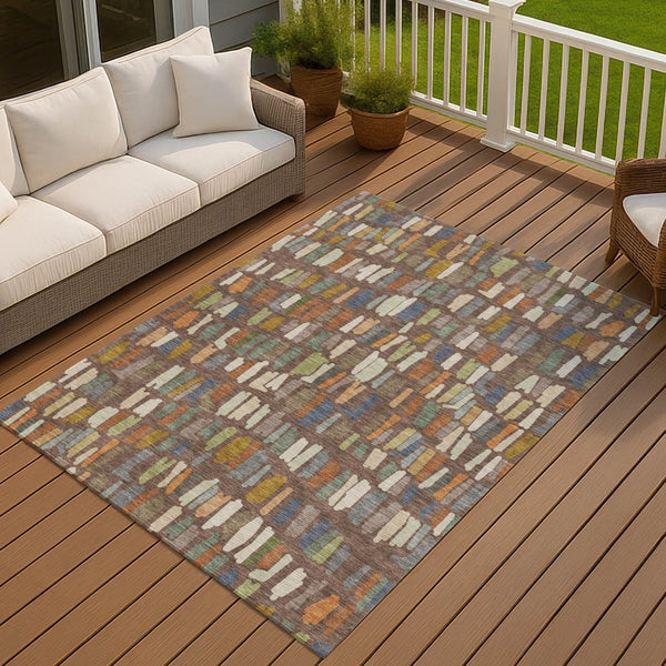 HomeRoots 9' X 12' Striped Area Rug in Chocolate, Green & Blue - Washable, Durable for Indoor & Outdoor Use 689635