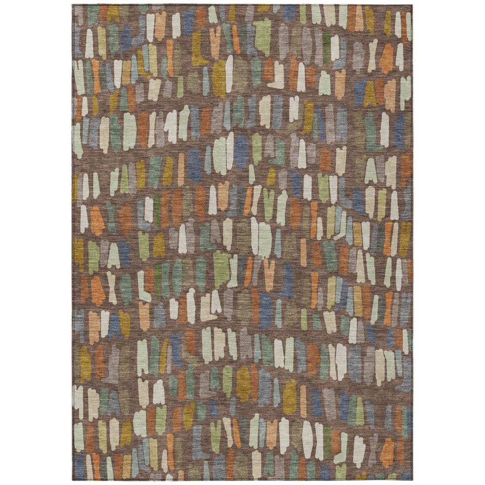HomeRoots 9' X 12' Striped Area Rug in Chocolate, Green & Blue - Washable, Durable for Indoor & Outdoor Use 689635