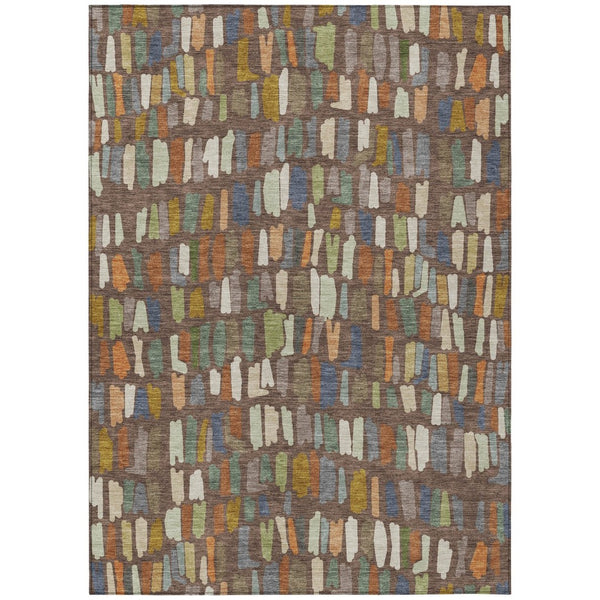 HomeRoots 9' X 12' Striped Area Rug in Chocolate, Green & Blue - Washable, Durable for Indoor & Outdoor Use 689635