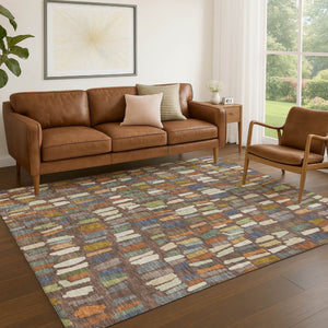HomeRoots 9' X 12' Striped Area Rug in Chocolate, Green & Blue - Washable, Durable for Indoor & Outdoor Use 689635