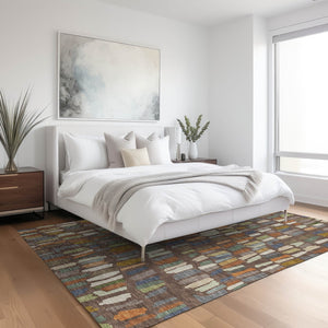 HomeRoots 10' Washable Indoor Outdoor Area Rug in Rich Chocolate, Green & Blue Stripes - Durable & Stylish! 689636