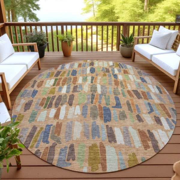 HomeRoots 8' Striped Copper Blue Ivory Round Washable Area Rug - Durable Indoors & Outdoors for Busy Homes 689639