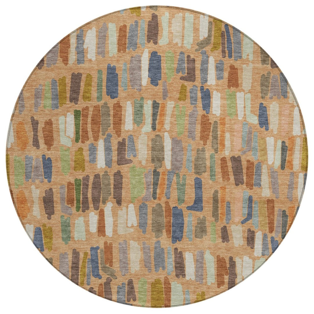 HomeRoots 8' Striped Copper Blue Ivory Round Washable Area Rug - Durable Indoors & Outdoors for Busy Homes 689639