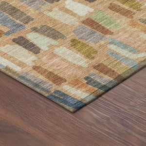 HomeRoots 8' Striped Copper Blue Ivory Round Washable Area Rug - Durable Indoors & Outdoors for Busy Homes 689639
