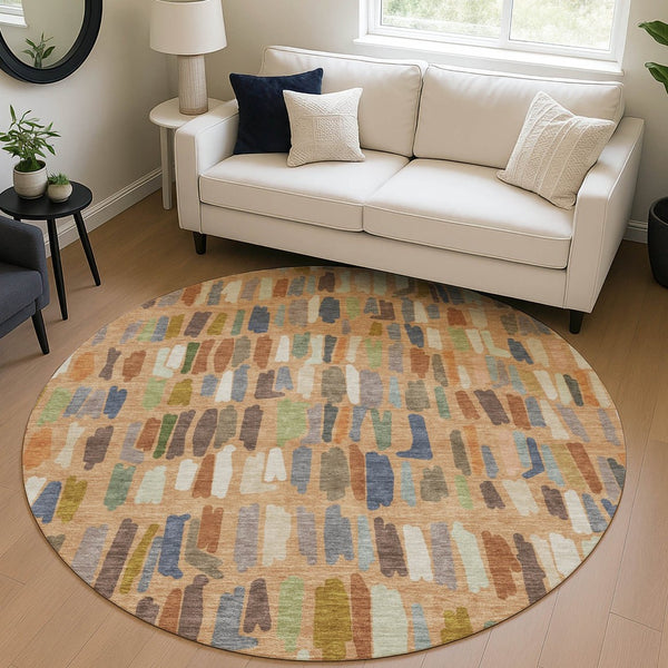 HomeRoots 8' Striped Copper Blue Ivory Round Washable Area Rug - Durable Indoors & Outdoors for Busy Homes 689639