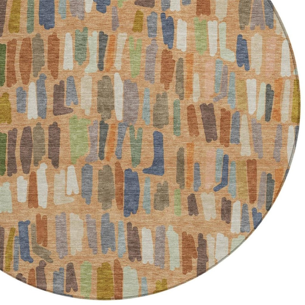 HomeRoots 8' Striped Copper Blue Ivory Round Washable Area Rug - Durable Indoors & Outdoors for Busy Homes 689639