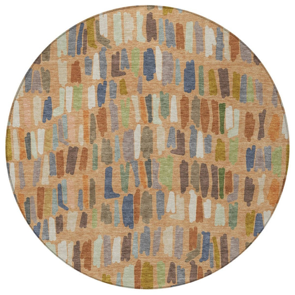 HomeRoots 8' Striped Copper Blue Ivory Round Washable Area Rug - Durable Indoors & Outdoors for Busy Homes 689639