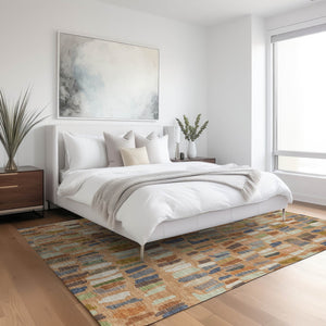 HomeRoots 10' Copper Blue & Ivory Striped Washable Area Rug - Durable Indoor/Outdoor Design for Any Space 689642