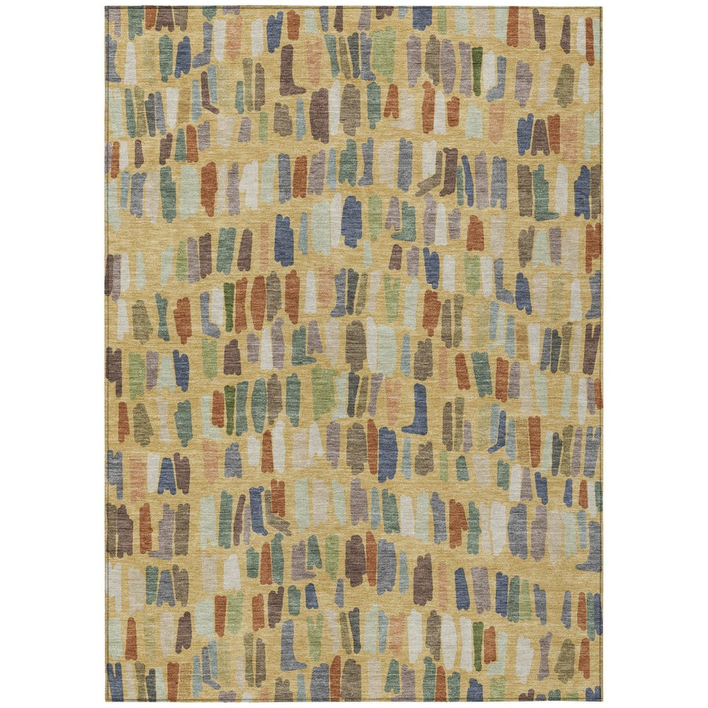 HomeRoots 5' Gold Blue Ivory Striped Washable Area Rug – Durable Indoor/Outdoor Design for High-Traffic Spaces 689644
