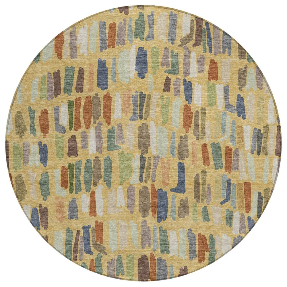 HomeRoots 8' Vibrant Gold, Blue & Ivory Round Striped Washable Rug - Stylish Indoor/Outdoor Decor for All Spaces 689645