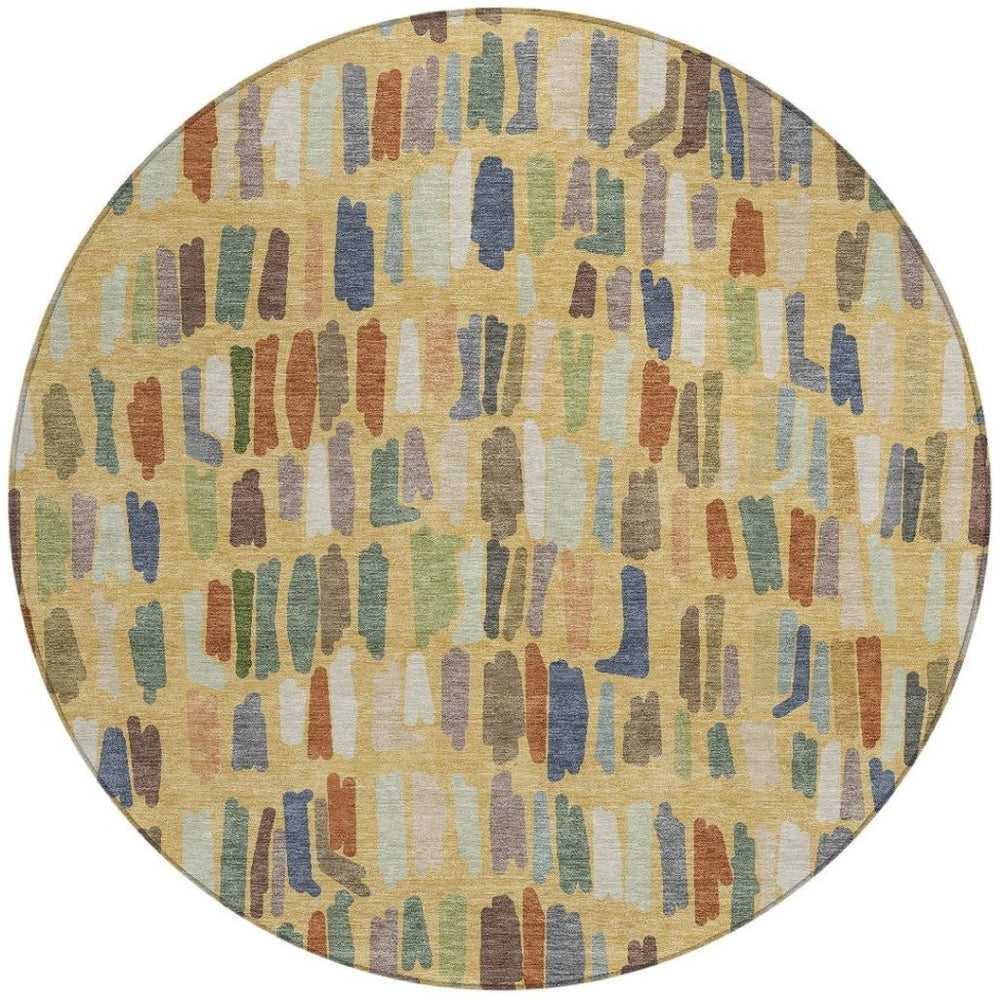 HomeRoots 8' Vibrant Gold, Blue & Ivory Round Striped Washable Rug - Stylish Indoor/Outdoor Decor for All Spaces 689645