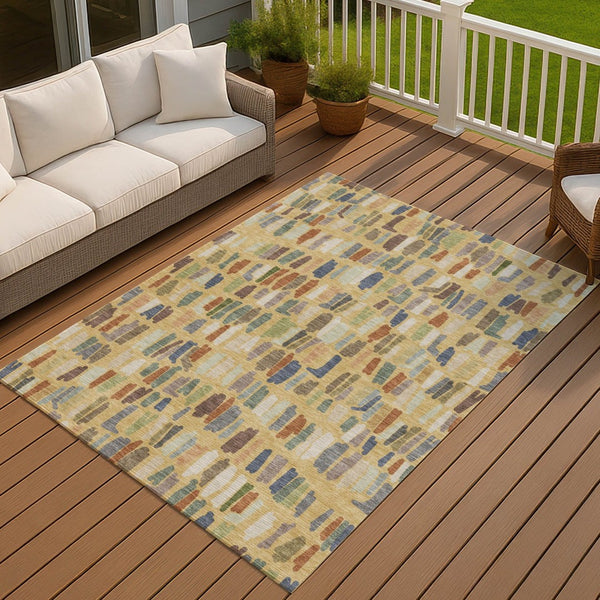 HomeRoots 10' Striped Gold Blue Ivory Area Rug - Washable, Durable, Indoor/Outdoor Design for Stylish Spaces 689648