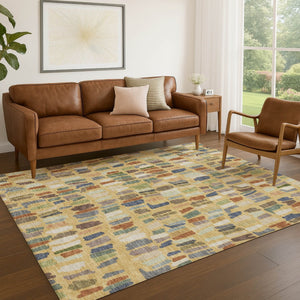 HomeRoots 10' Striped Gold Blue Ivory Area Rug - Washable, Durable, Indoor/Outdoor Design for Stylish Spaces 689648