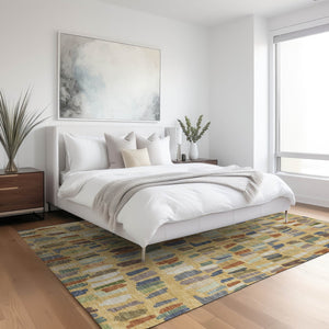 HomeRoots 10' Striped Gold Blue Ivory Area Rug - Washable, Durable, Indoor/Outdoor Design for Stylish Spaces 689648