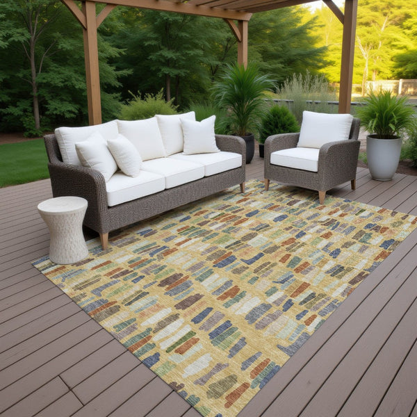 HomeRoots 10' Striped Gold Blue Ivory Area Rug - Washable, Durable, Indoor/Outdoor Design for Stylish Spaces 689648