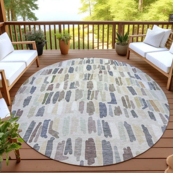 HomeRoots 8' Round Striped Area Rug in Linen Gray and Beige | Washable, Durable, Indoor/Outdoor Design for Style 689657